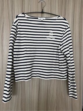Sporty & Rich Navy & White Striped Embroidered Logo Long Sleeve Top – L